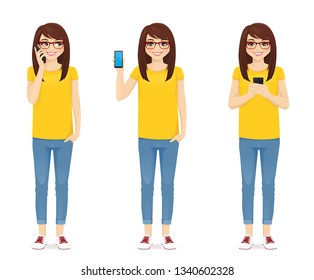 Woman in jeans with phone isolated vector illustration