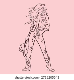uma mulher de jeans posando com um chapéu vetor para ilustração, cartão, decoração