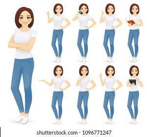 Woman in jeans set with different gestures isolated