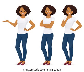 Woman in jeans standing in different poses isolated