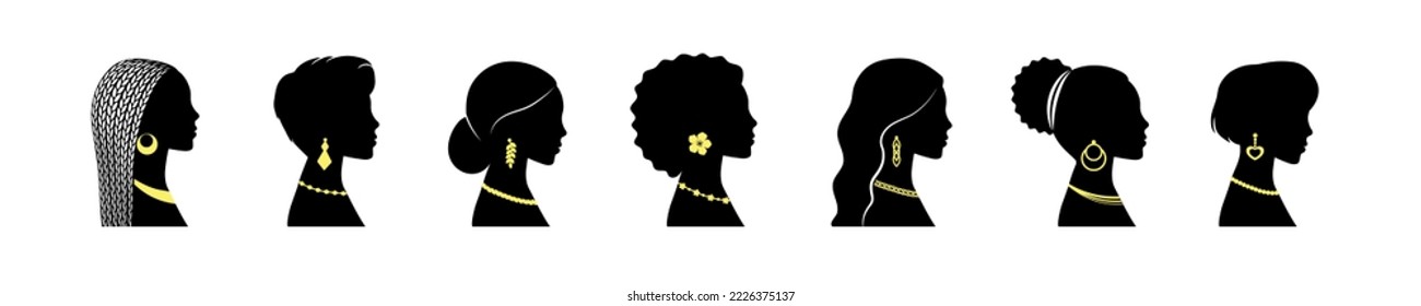 Mujer con joyas. Conjunto de silueta femenina. Perfil facial. Ilustración vectorial.