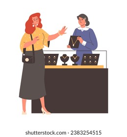 Woman in jewelry shop chooses jewelry and accessories. Client and cashier. Character in front of counter with gold chains and earrings with diamonds. Cartoon flat vector isolated illustration