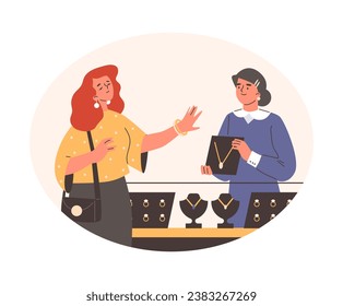 Woman in jewelry shop chooses jewelry and accessories. Client and cashier in front of counter with gold chains and earrings with diamonds. Cartoon flat vector luxury store isolated illustration