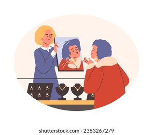 Mujer en joyería tratando de pendientes con la ayuda de un asistente amigable, ilustración de vector de dibujos planos aislados en fondo blanco. Comprando joyas de oro