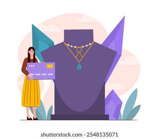 Woman with jewelry. Young girl with bank card near mannequin with gold necklace. Fashion and trend. Aesthetics and elegance. Luxury bracelet. Flat vector illustration isolated on white background