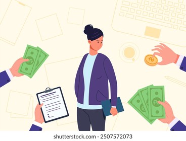 Woman job offer. Demand employee hire, businesswoman corporate career skilled specialist professional, employer arm offers money pay cash to female recruit vector illustration original artwork