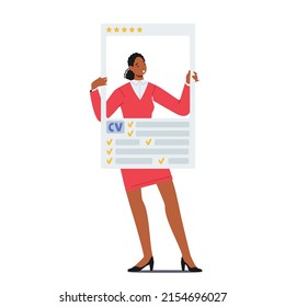 Woman Job Seeker Character with Cv Application. Work Interview, Recruitment Agency. Analysis of Personnel, Recruitment of Personnel. Business Resume License. Cartoon People Vector Illustration