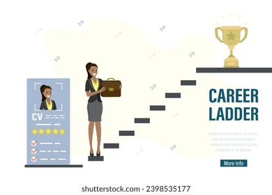 Una mujer que busca trabajo se para cerca de las escaleras y sostiene una cartera de documentos. Carácter femenino desempleado con cv, retoma. Escala profesional, plantilla de página de inicio. Copa de ganadores o ganancia por encima. Ilustración vectorial de dibujos animados