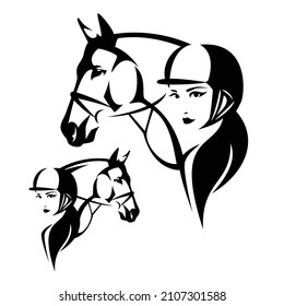 woman jockey rider wearing helmet and horse head - female jockey representing equestrian sport black and white vector design set