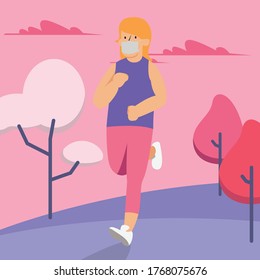 A woman jogging alone outside while keep using medical mask