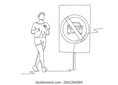 Woman jogging in car free zone area. Car free zones concept one-line drawing