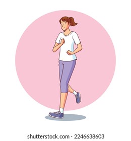 a woman is jogging casually and happily.