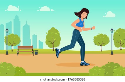 Woman is Jogging in city Park. Happy runner girl. Outdoor training, athletics. Healthy active lifestyle. Vector illustration in modern flat style.