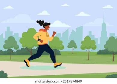 Woman jogging in a city park surrounded by trees and skyline on a sunny day