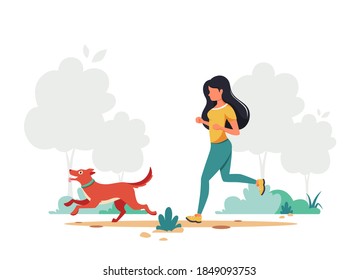 Woman jogging with dog. Outdoor activity. Vector illustration.
