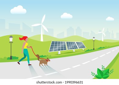 Woman Jogging With Dog In Park, Solar Panels And Wind Turbines Background. Renewable , Green And Clean Energy,  Reuse Natural Resources, Environmental Friendly And Healthy Lifestyle Concept.