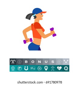 Woman jogging with dumbbells vector icon