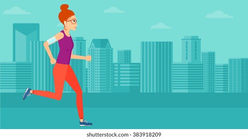 Woman jogging with earphones and smartphone.