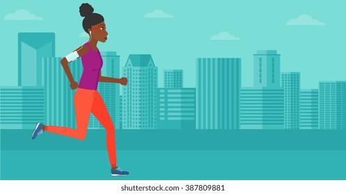 Woman jogging with earphones and smartphone.