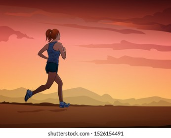 Woman jogging in the evening Illustration vector On pop art comics style Natural sunset colorful background