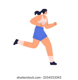 Woman jogging. Female runner, cardio endurance workout. Girl jogger running, doing sports, profile. Healthy activity, exercise, training. Flat vector illustration isolated on white background