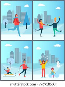 Woman jogging, happy couple dancing on skates, mother and daughter making snowman, dad carries child on sleigh, people spending time together poster set