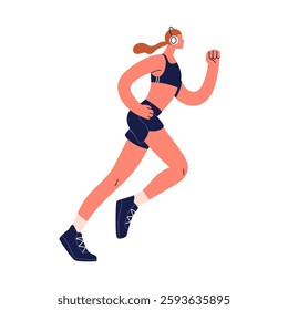 Woman jogging in headphones. Athletic female jogger, runner running and listening to music. Cardio training, active healthy sport workout. Flat vector illustration isolated on white background