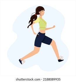 Woman jogging, listening to music in headphones. The girl runs, goes in for fitness. Active healthy lifestyle vector illustration, flat style modern design isolated on blue and white background.