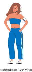 Mujer trotando y escuchando música. Deportes Linda Chica Aislado. Personaje femenino en ropa deportiva. Actividades al aire libre, concepto de deporte y fitness. Ilustración vectorial plana de dibujos animados