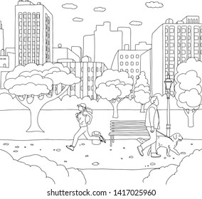 Woman Jogging And Man Walk With Dog In The Park Vector Illustration Sketch Doodle Hand Drawn With Black Lines