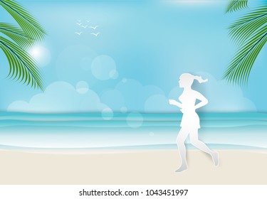 Woman jogging on the beach in the morning Paper art background  paper cut illustration