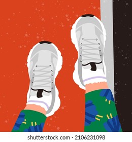 Woman jogging on running track flat lay. Legs selfie in leggings with flowers pattern and white sneakers illustration. Healthy active lifestyle concept. Sport or marathon modern vector