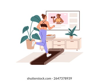 Woman is jogging on treadmill, watching online fitness. Girl running, does cardio training with sports equipment at home. Athlete does exercises at workout. Flat isolated vector illustration on white