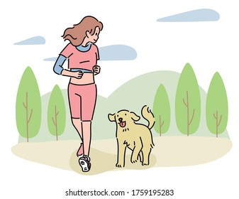 A woman is jogging outdoors with a Golden Retriever. hand drawn style vector design illustrations. 