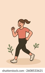 "Woman jogging outdoors" A smiling woman is jogging in a natural outdoor setting with small plants around.