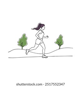 Woman jogging in a park continuous black line art isolated flat vector illustration on white background.eps