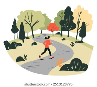 Mujer corriendo en el parque. Ilustración vectorial plana