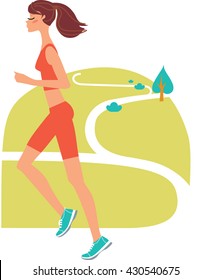 Woman jogging in the park. Girl running outside. Vector illustration.