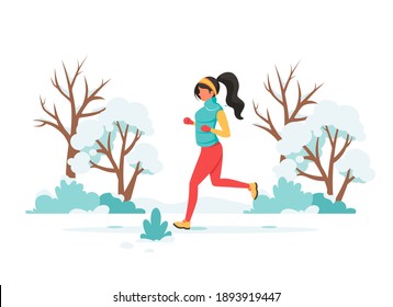 Woman jogging in the park. Winter outdoor activity. Vector illustration