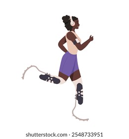 Mujer trotando, corriendo con prótesis de pierna. Atleta afroamericana de carácter femenino persona discapacitada haciendo deporte o ejercicio cardiovascular. Corredor activo con prótesis de pierna plana ilustración de dibujos animados de Vector.