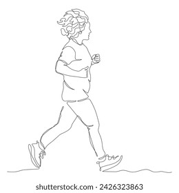 Mujer trotando o corriendo. Dibujo de línea continua. Dibujado a mano ilustración vectorial en blanco y negro en estilo de arte de línea.