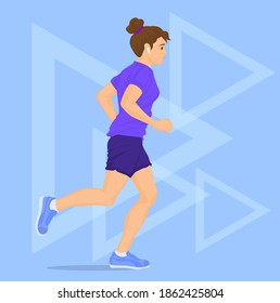 Woman jogging in shorts with light blue background