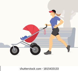 Mujer trotando con cochecito. Madre activa trotando. Madre con un hijo en un coche de carreras. Ilustración vectorial. 