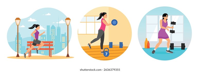 A woman jogging through a city park. Doing a strength and balance training exercise in a home gym. Weightlifting in a gym, promoting fitness, health, and strength training. Sporty young girls concept.