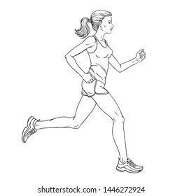 Woman jogging vector illustration. Athlete runs. Running marathon. Black and white sketch.