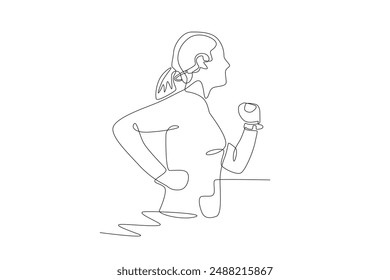 Woman jogging wearing a heart rate detector. Medical technology concept one-line drawing