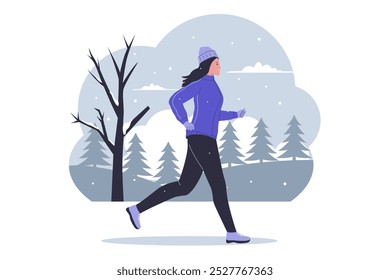 Woman jogging in winter concept illustration. Illustration for website, landing page, mobile app, poster and banner. Trendy flat vector illustration