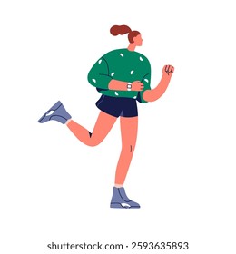 Woman jogging. Young female running, cardio endurance training, sports workout. Active girl jogger, runner exercising, side view, profile. Flat vector illustration isolated on white background