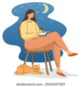 Woman Journaling at Night with a Sleeping Cat	, vector illustration.