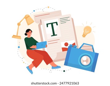 Woman journalist concept. Young girl with paper and typewriter. Freelancer and copywriter coming up with interesting content for social networks and websites. Cartoon flat vector illustration